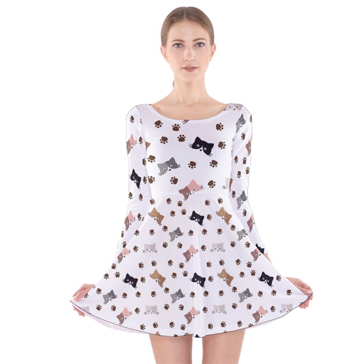 Illustration Cartoon Cat Paw Background Pattern Cute Long Sleeve Velvet Skater Dress