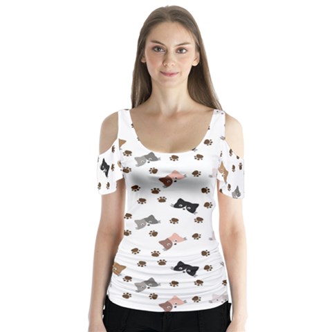 Illustration Cartoon Cat Paw Background Pattern Cute Butterfly Sleeve Cutout Tee  by Amaryn4rt