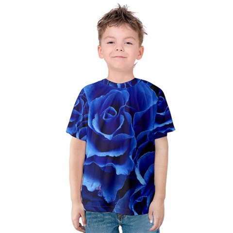 Blue Roses Flowers Plant Romance Kids  Cotton Tee by Wegoenart