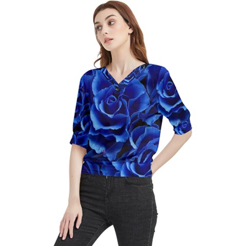 Blue Roses Flowers Plant Romance Quarter Sleeve Blouse by Wegoenart