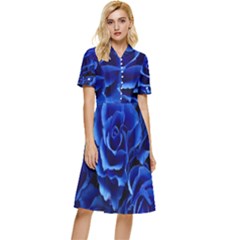 Blue Roses Flowers Plant Romance Button Top Knee Length Dress