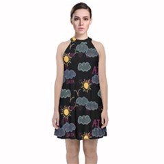 Illustration Cloud Computing Pattern Velvet Halter Neckline Dress 