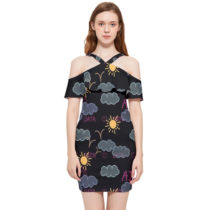 Illustration Cloud Computing Pattern Shoulder Frill Bodycon Summer Dress