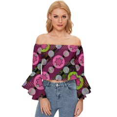 Background Circles Abstract Pattern Off Shoulder Flutter Bell Sleeve Top