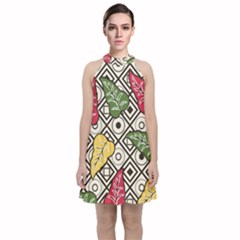 Vectoe Leaves Foliage Batik Seamless Pattern Velvet Halter Neckline Dress 