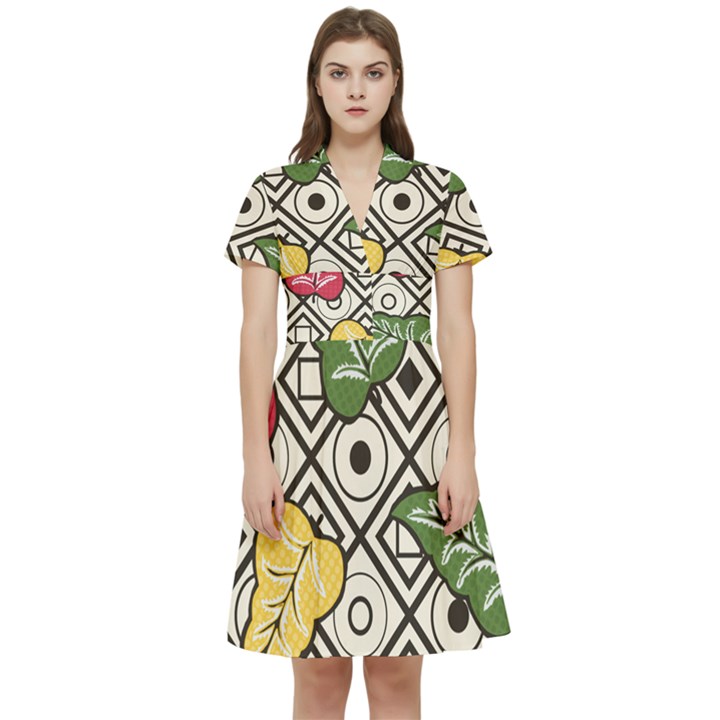 Vectoe Leaves Foliage Batik Seamless Pattern Short Sleeve Waist Detail Dress