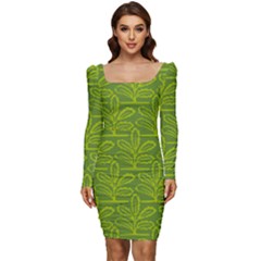 Oak Tree Nature Ongoing Pattern Women Long Sleeve Ruched Stretch Jersey Dress