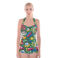 Cartoon Pattern Boyleg Halter Swimsuit  by designsbymallika