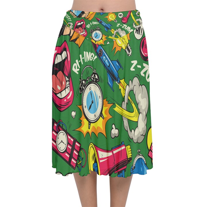 Cartoon Pattern Velvet Flared Midi Skirt