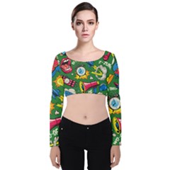 Cartoon Pattern Velvet Long Sleeve Crop Top by designsbymallika