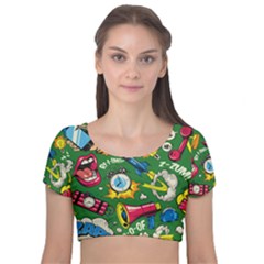 Cartoon Pattern Velvet Short Sleeve Crop Top  by designsbymallika