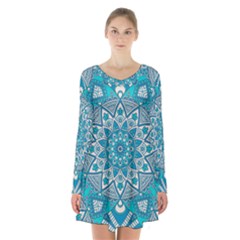 Mandala Blue Long Sleeve Velvet V-neck Dress by zappwaits