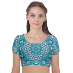 Mandala Blue Velvet Short Sleeve Crop Top  by zappwaits