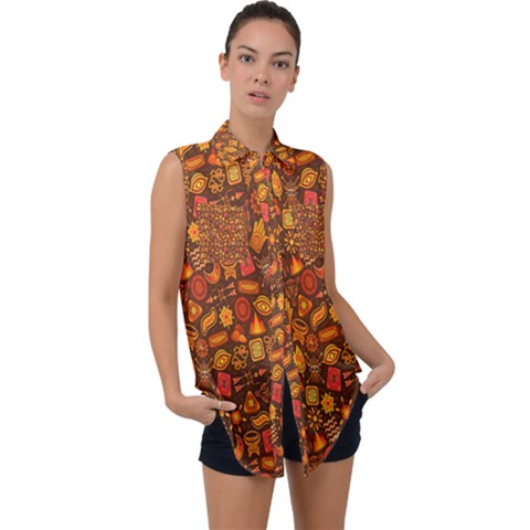 Pattern-orange,seamles,chrismast Sleeveless Chiffon Button Shirt by nateshop