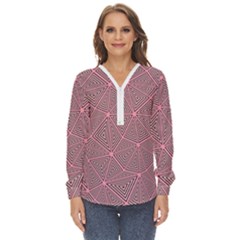 Triangle-line Pink Zip Up Long Sleeve Blouse