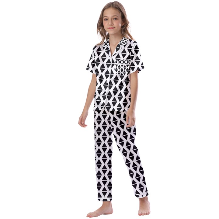 Triangle-black White Kids  Satin Short Sleeve Pajamas Set