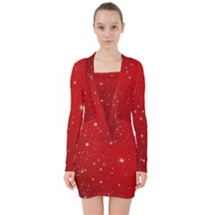 Stars-red Chrismast V-neck Bodycon Long Sleeve Dress by nateshop