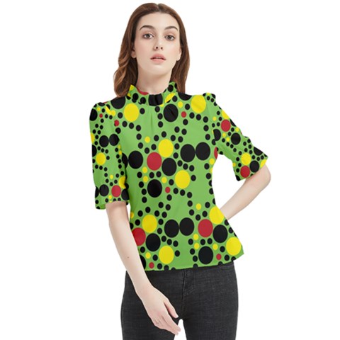 Pattern-polka Green Yelow Black Frill Neck Blouse by nateshop