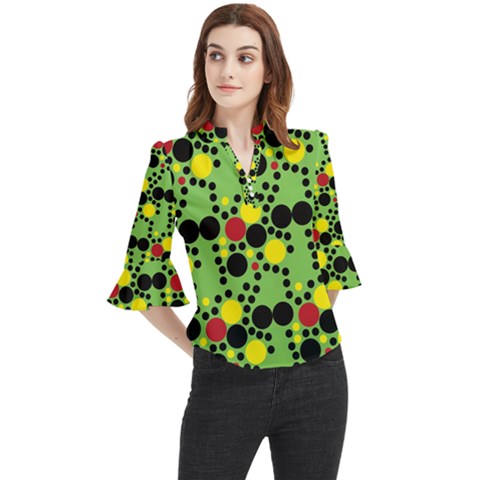 Pattern-polka Green Yelow Black Loose Horn Sleeve Chiffon Blouse by nateshop