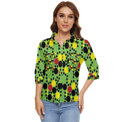 Pattern-polka Green Yelow Black Women s Quarter Sleeve Pocket Shirt by nateshop