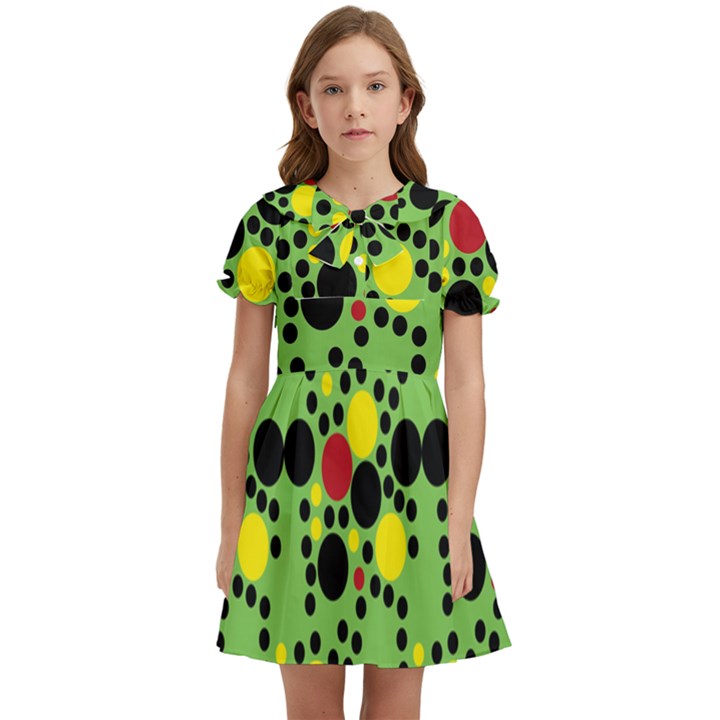 Pattern-polka Green Yelow Black Kids  Bow Tie Puff Sleeve Dress