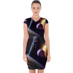 Planets In Space Capsleeve Drawstring Dress  by Sapixe