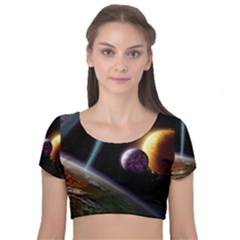 Planets In Space Velvet Short Sleeve Crop Top  by Sapixe