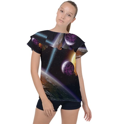 Planets In Space Ruffle Collar Chiffon Blouse by Sapixe