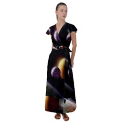 Planets In Space Flutter Sleeve Maxi Dress