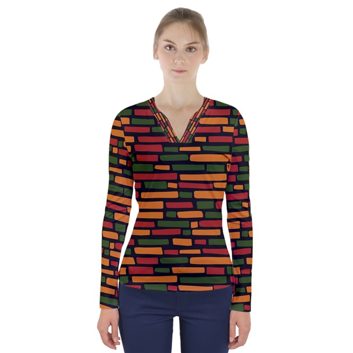 African Wall of bricks V-Neck Long Sleeve Top