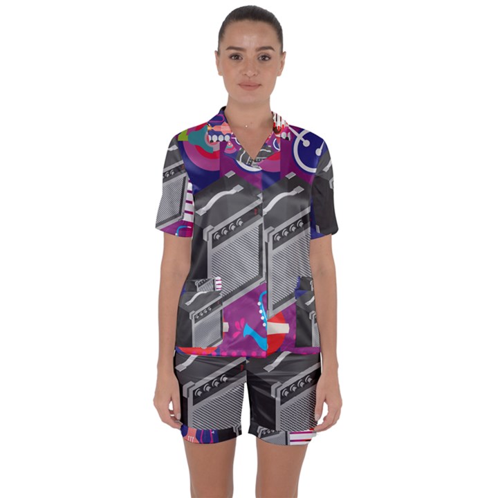 Music Abstract Background Energy Satin Short Sleeve Pajamas Set