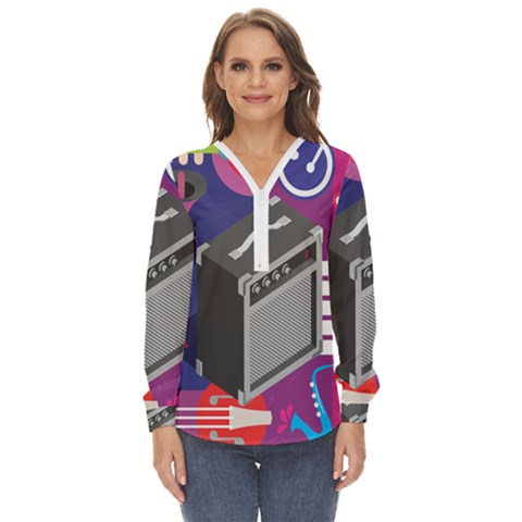 Music Abstract Background Energy Zip Up Long Sleeve Blouse by danenraven