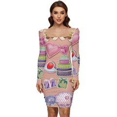 Illustration Seamless Pattern Standardize Women Long Sleeve Ruched Stretch Jersey Dress