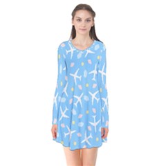 Plane Sky Background Pattern Long Sleeve V-neck Flare Dress