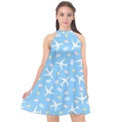 Plane Sky Background Pattern Halter Neckline Chiffon Dress  by danenraven