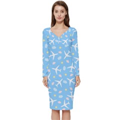 Plane Sky Background Pattern Long Sleeve V-neck Bodycon Dress  by danenraven