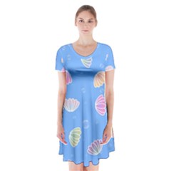 Illustration Seashell Clam Pattern Art Design Short Sleeve V-neck Flare Dress by danenraven