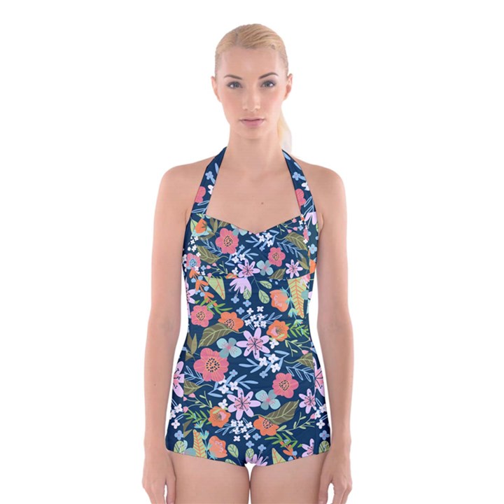 Flower Floral Background Painting Boyleg Halter Swimsuit 