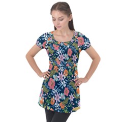 Flower Floral Background Painting Puff Sleeve Tunic Top by danenraven