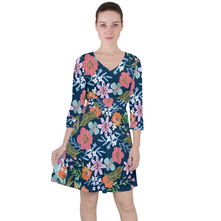 Flower Floral Background Painting Quarter Sleeve Ruffle Waist Dress