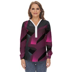 Hexagon Geometric Art Design Zip Up Long Sleeve Blouse