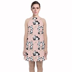 Pattern Panda Bear Velvet Halter Neckline Dress 