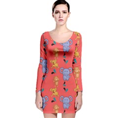 Illustration Elephant Cartoon Animal Monkey Long Sleeve Velvet Bodycon Dress by danenraven