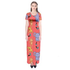 Illustration Elephant Cartoon Animal Monkey Short Sleeve Maxi Dress by danenraven