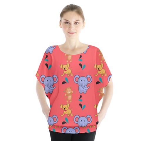 Illustration Elephant Cartoon Animal Monkey Batwing Chiffon Blouse by danenraven