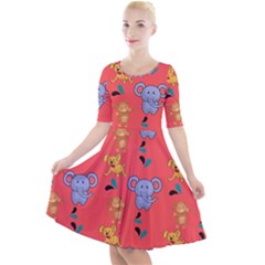 Illustration Elephant Cartoon Animal Monkey Quarter Sleeve A-line Dress by danenraven