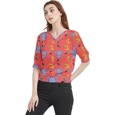 Illustration Elephant Cartoon Animal Monkey Quarter Sleeve Blouse by danenraven