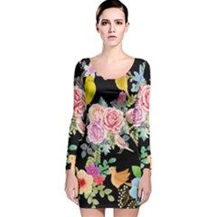 Illustration Bird Flower Floral Background Long Sleeve Velvet Bodycon Dress by danenraven