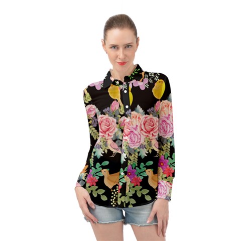 Illustration Bird Flower Floral Background Long Sleeve Chiffon Shirt by danenraven