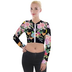 Illustration Bird Flower Floral Background Long Sleeve Cropped Velvet Jacket by danenraven